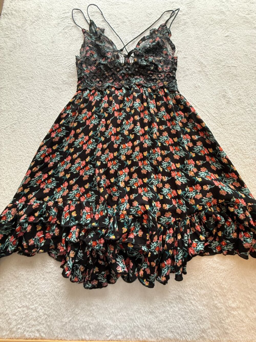 Free People One Black Floral Adella Mini Slip Dress New with Tags- Womens Size S